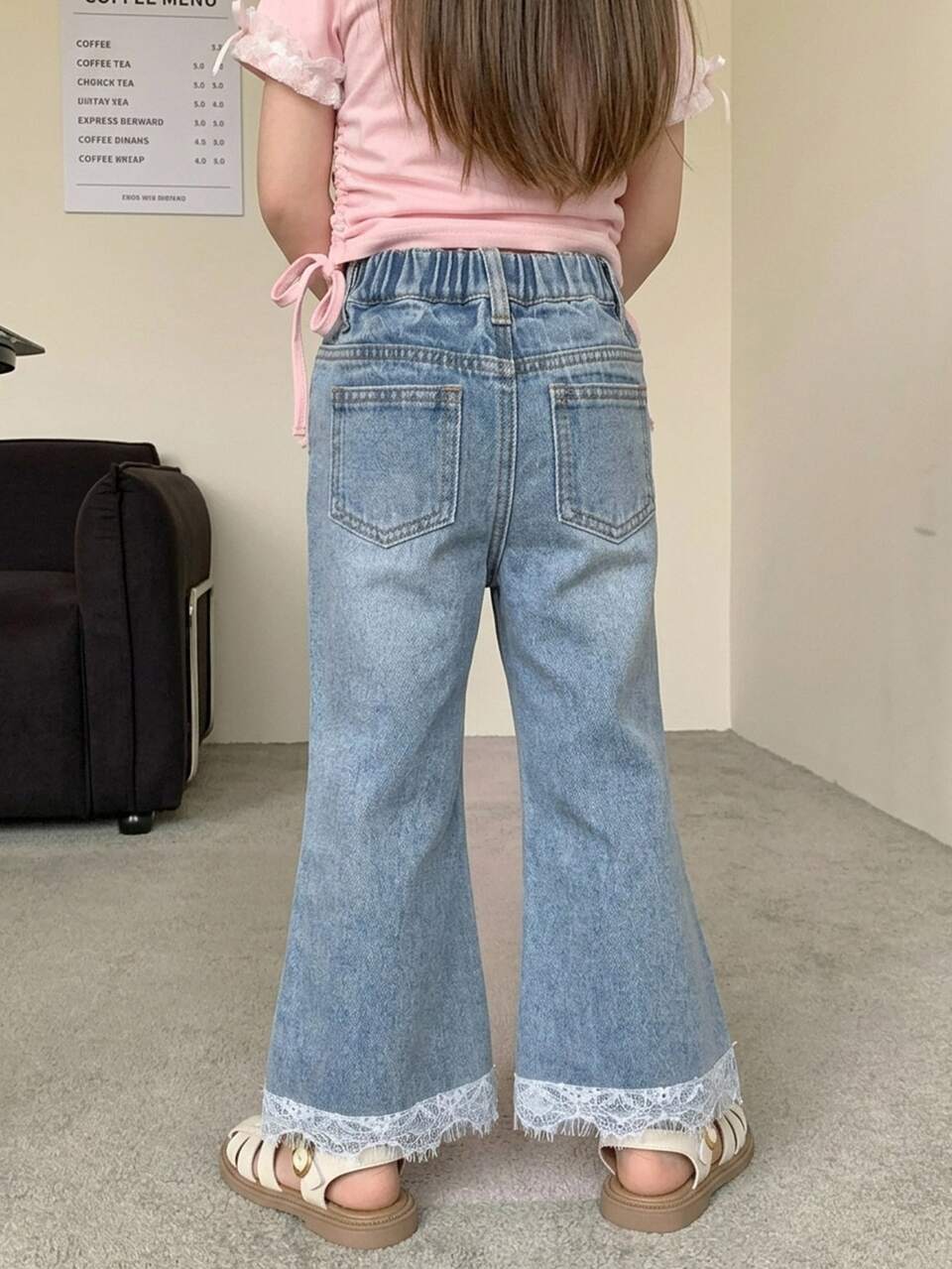 Girls (Small) Lace Patchwork Flared Washed Light Blue Denim Jeans
