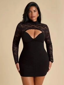 SHEIN BAE CURVE Plus Size Women's Black Lace Patchwork Short Dress,Halloween Elegant Black Lace Long Sleeve Backless Dress, Autumn Lace Black Dress, Sexy Black Dress - Black - View 5