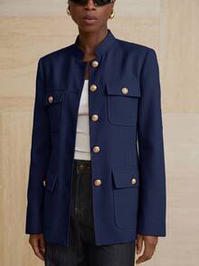 Aveloria Modichic Small Stand Collar Tweed Single-Breasted Metal Button Decor Belted Utility Jacket - Navy Blue - View 3