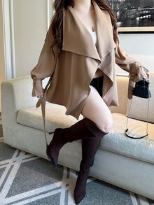 Vibekara Plus Size Asymmetrical Vintage Lapel Collar Short Trench Coat Jacket Fall - Brown - View 5