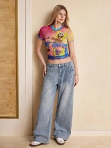 SpongeBob SquarePants | SHEIN Women's Cartoon Print Mesh Short Sleeve Top - Multicolor - View 5
