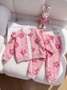SHEIN Playful Pals 女嬰長袖圓領簡約休閒花卉印花夾克與時尚休閒百搭印花長褲套裝，舒適秋季休閒外出、玩耍與拍照穿搭 - 粉色 - 查看 1