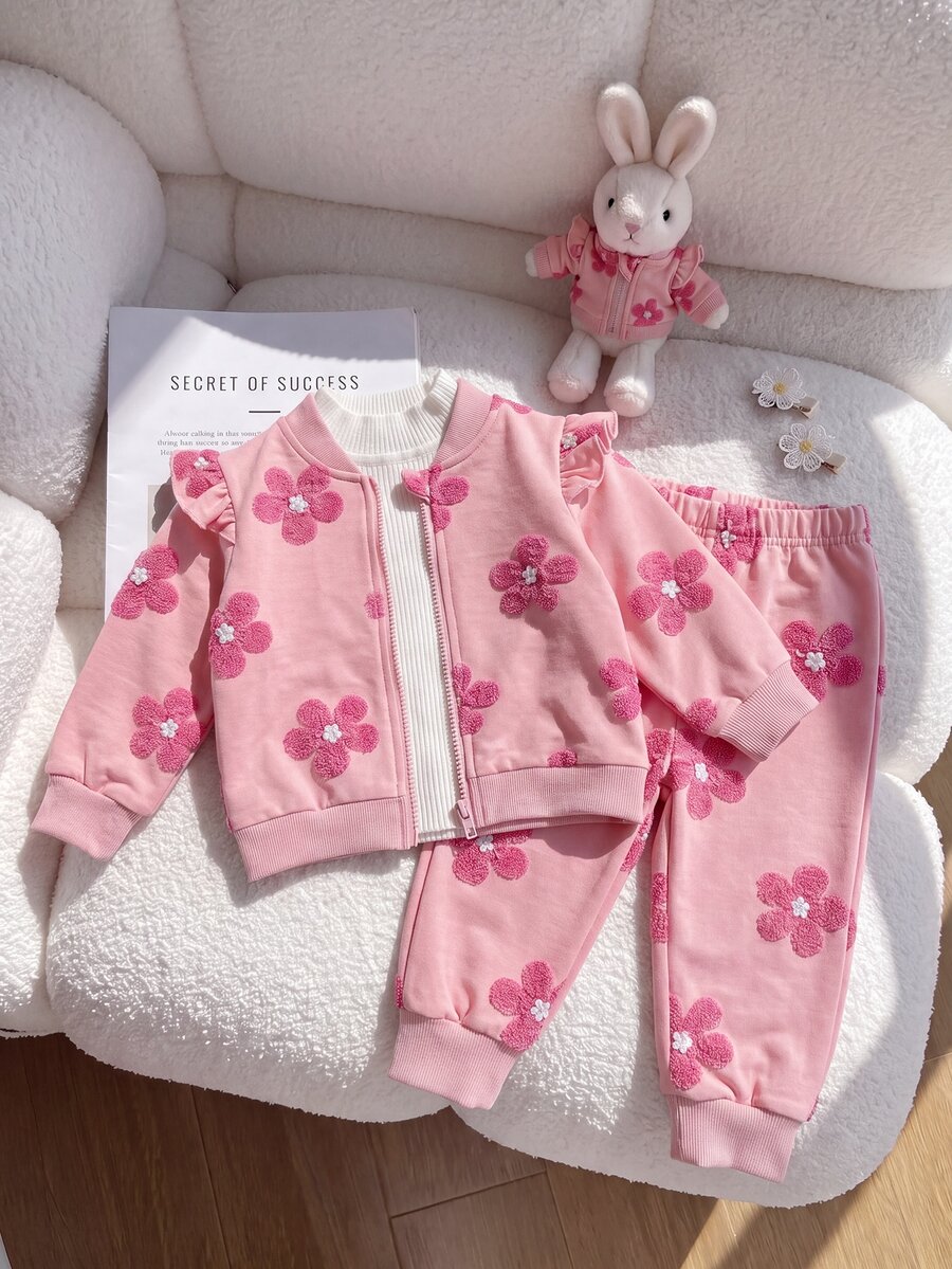 SHEIN Playful Pals 女嬰長袖圓領簡約休閒花卉印花夾克與時尚休閒百搭印花長褲套裝,舒適秋季休閒外出、玩耍與拍照穿搭 - 粉色 - 查看 1