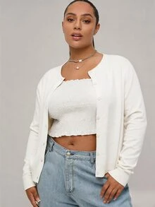 SHEIN BASICS Plain Casual Long Sleeve Plus Size Cardigan In Fall Winter Clothes - White - View 5