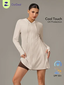 OutZeal 女款防曬外套 日常休閒 UV 防護 涼感連帽長版戶外夾克 - 卡其色 - 查看 1