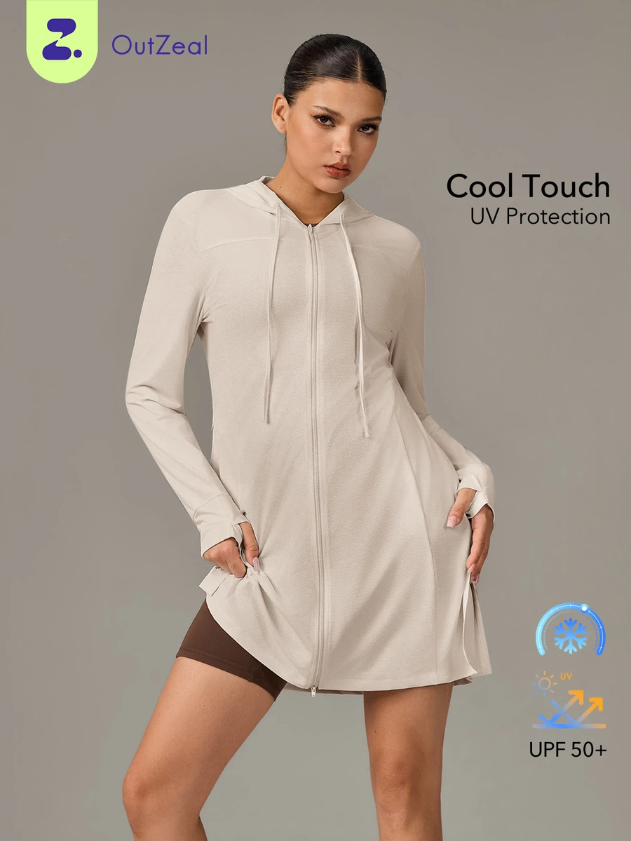 OutZeal 女款防曬外套 日常休閒 UV 防護 涼感連帽長版戶外夾克 - 卡其色 - 查看 1