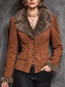 LUMIGAL Women's Plush Patchwork Casual Versatile Daily Wear Long Sleeve Jacket - Brown - View 1