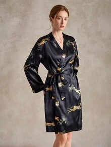 EverLounge Leopard Print Faux Silk Women's Long Sleeve Robe - Black - View 3