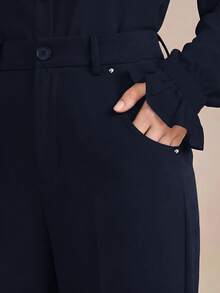 Anewsta Essential 女款海軍藍優雅喇叭腿西裝褲，鉚釘口袋設計，休閒時尚辦公長褲，適合秋季穿搭 - 藏蓝色 - 查看 6