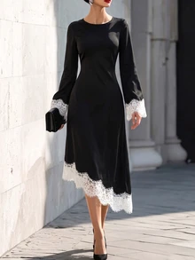 SHEIN Women's Contrast Lace Round Neck Long Sleeve Elegant Asymmetric Hem Dress - Black - View 1