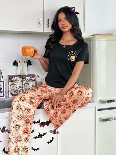 ZzzCrew レディース ハロウィン かぼちゃ柄 パジャマセット、カジュアルで快適な半袖ロングパンツ ルームウェア