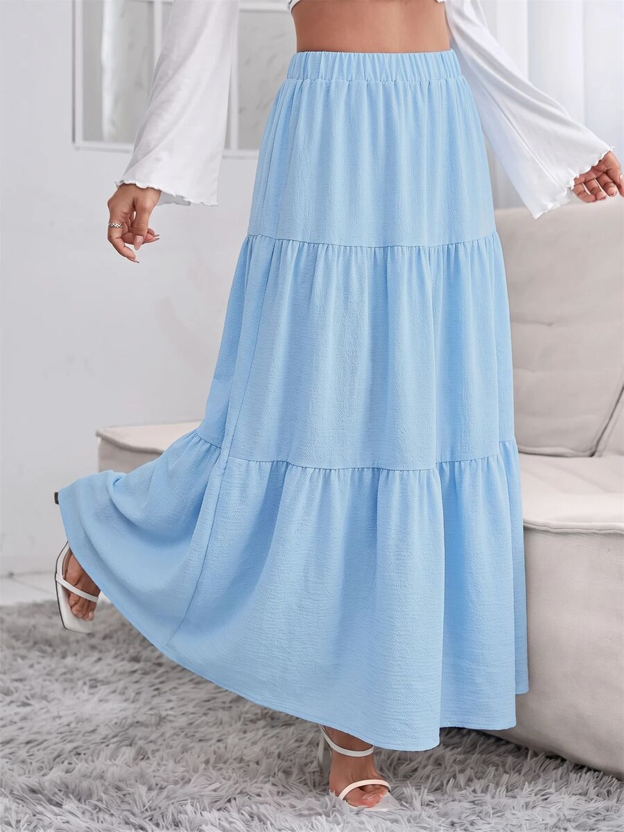 SHEIN PETITE 女款素色百褶休閒百搭日常穿著裙 - 淺藍色 - 查看 1