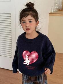 DAZY Young Girl Heart Embroidery Round Neck Drop Shoulder Long Sleeve Casual Sweater - Navy Blue - View 3