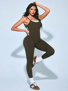 SHEIN Sovereign Charm Contrast Color Slim Fit Spaghetti Strap Sports Jumpsuit - Coffee Brown - View 5
