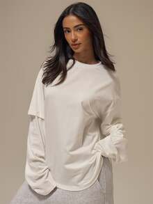 MUSERA ESSENTIALS Solid White Double Layer Overlay Sleeve Crew Neckline Oversized Fit T-Shirt Top Basics Loungewear Casual Everyday Essentials - White - View 3