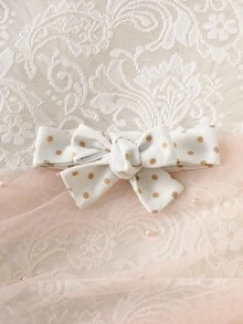 SHEIN Newborn Baby Girl Spring/Autumn Elegant Sweet Ruffle Collar Long Sleeve Ruffle Fake Suspenders Big Bow Brushed Ribbed & Polka Dot Corduroy Dress With Matching Headband - Apricot - View 5