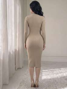 NOVVYNE Women's Knitted Stand Collar Metal Decor Fitted Bodycon Sweater Dress - Khaki - View 3
