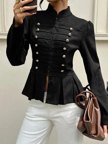 Siren Gaze Autumn/Winter New Vintage Napoleon Style Waist-Cinching Jacket For Women - Black - View 5