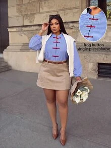 SOLERSUN Plus Size Women's Fashion Casual Shirt, Long Sleeve Lantern Sleeve Stand Collar Button-Up Chinese Style Red Frog Button Blouse, Blue Fine Striped Fabric, Suitable For Daily Wear, Holiday, Commuting - Blue - View 3