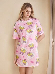 SpongeBob SquarePants | SHEIN Women's Round Neck Short Sleeve Casual Nightgown - Pink - View 3