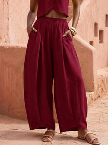 Zivah 女款現代通勤度假休閒不對稱下擺長褲 - 酒紅色 - 查看 6