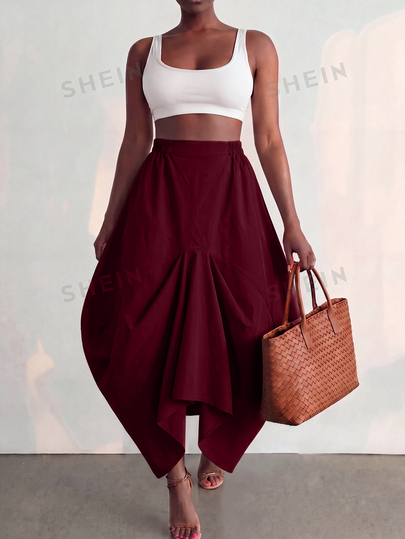 BamGlimmer Summer/Autumn New Design, Burgundy Red Asymmetrical Skirt, Vintage Casual Elegant Luxury Style, Travel, Party Vacation