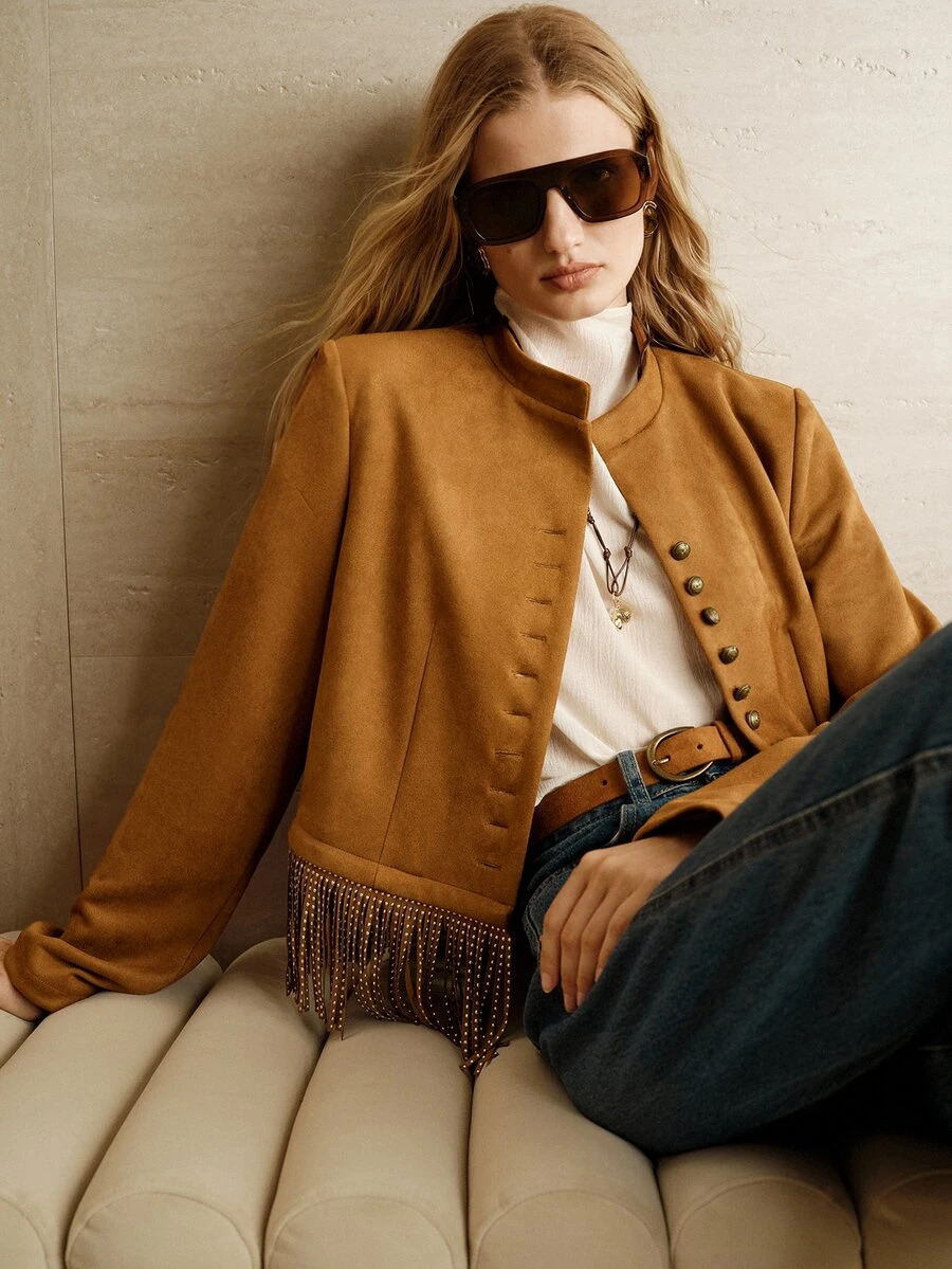 SHEIN Women's Jacket Short H-Line Soft Brushed Rhinestone Fringe Hem Multi-Button Stand Collar Commuting Vintage Brown Solid Western Outfits For Women Fall - Brown - View 1