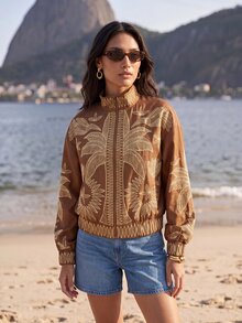 CAJUNI Jaket Lengan Panjang Kasual Motif Bunga untuk Wanita, Cocok untuk Sehari-hari - Coklat - View 6
