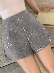 DAZY Women's Elegant Ruched Casual Shorts With Sequin Decor Vacation - Light Grey - View 5