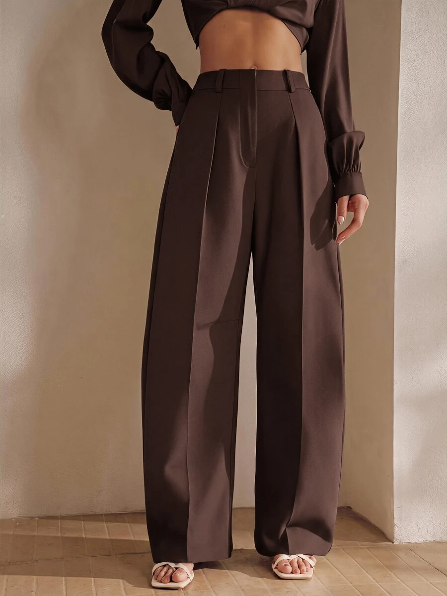 Anewsta Women's Summer Pleated High Waist Pocket Suit Pants Elegant Business Casual Commute Loose Wide Leg Pants - Coffee Brown - View 1