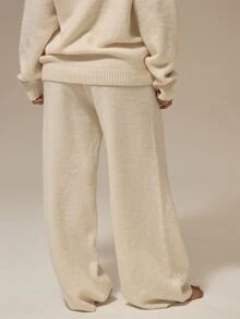 MUSERA ESSENTIALS Off White Fluffy Knit Deep Ribbed Waistband Seamless Front Panel Wide Leg Relaxed Fit Trousers Fall Autumn Winter Christmas - Cream - View 4
