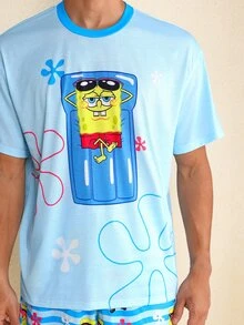 SpongeBob SquarePants | SHEIN Men's Cartoon Print Top And Shorts Loungewear Set - Baby Blue - View 5