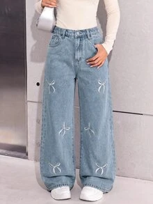 SHEIN Girlism 青少年女孩淺藍色寬鬆牛仔褲，附蝴蝶結刺繡圖案 - 藍色 - 查看 5