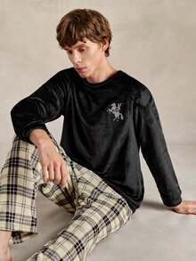 EverLounge Men's Autumn/Winter Minimalist Basic Fashion British Style Black Flannel Embroidered Top & Plaid Long Pants Loungewear Set - Multicolor - View 1