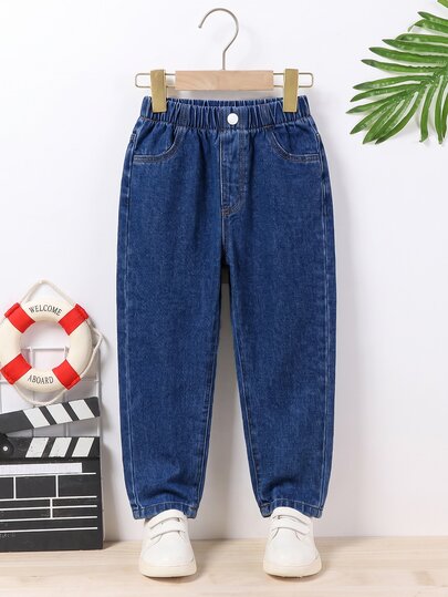 SHEIN Vintaside Kids Boys' Denim Jeans, All-Season New Style, Fashion Casual, Deep Blue Washed Denim, Elastic Waistband, Combined Denim Distressed Wash Process, Tapered Leg Fit, Soft And Comfortable Fabric, Versatile For Daily Wear, Outings, Gatherings, And More, All-Season New Boys' Denim Jeans
