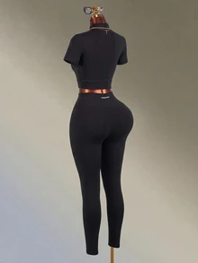 Amplova-E Women's Black Stand Collar Short Sleeve Slim Fit Knit Jacket + Tight Base Layer Long Straight Leg Sports Set Gym Workout Autumn Athleisure - Black - View 8
