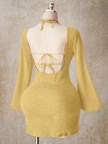 SHEIN ICON 女款大尺碼純色長袖時尚沙灘度假洋裝 - 淡黃色 - 查看 3