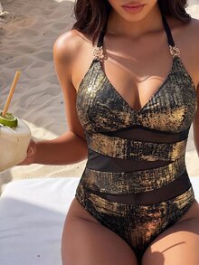 Shapewave Plus Size Women's One-Piece Functional Sexy Comfortable Swimsuit With Open Back, Suitable For Summer Beach Vacation - Multicolor - View 4