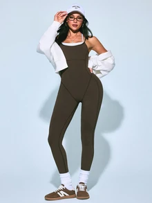 SHEIN Sovereign Charm Contrast Color Slim Fit Spaghetti Strap Sports Jumpsuit - Coffee Brown - View 7