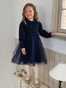 DAZY Girls' Turn Collar Knit Dress With Mesh Patchwork A-Line Waist, Cute Autumn/Winter Sweater Dress - Navy Blue - View 8
