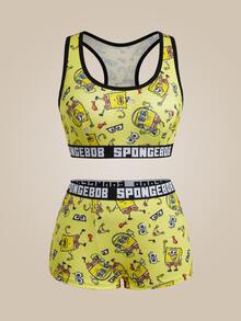 SpongeBob SquarePants | SHEIN طقم ملابس داخلية نسائي بطبعة كرتونية - أصفر - مشاهدة 7