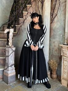 Lyrianda Dark Striped Colorblock Fashion Gothic Palace Style Halloween Plus Size Dress Fall - Black and White - View 8
