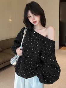 DAZY Sweatshirt Wanita Longgar Berlapisan Termal dengan Cetakan Huruf Personalisasi, Cocok untuk Musim Gugur - Hitam - View 2