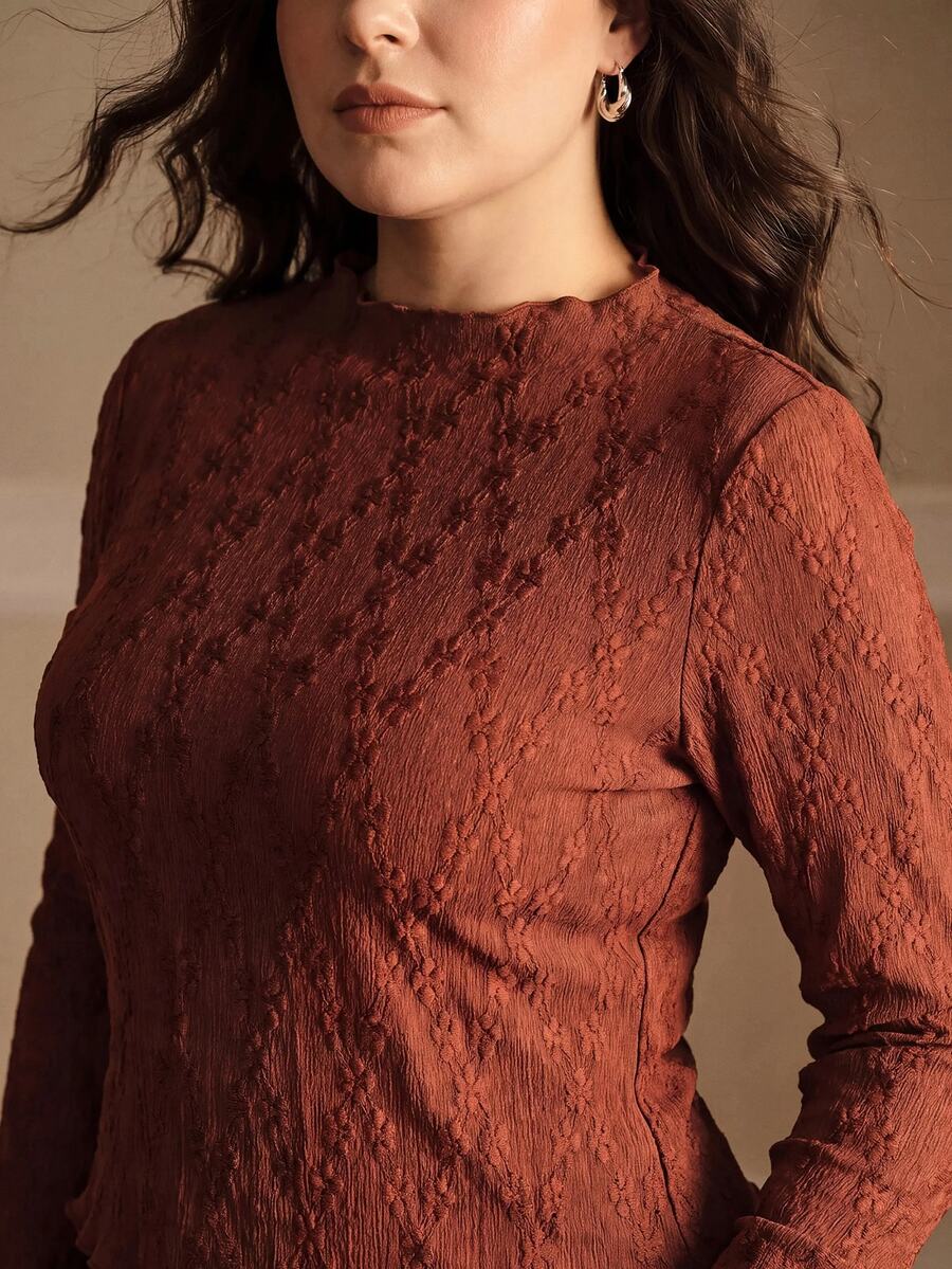MOTF PREMIUM PLUS SIZE SOLID JACQUARD LETTUCE TRIM LONG SLEEVE T-SHIRT FALL - Coffee Brown - View 2