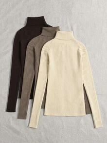 SHEIN LUNE 女款素色高領長袖休閒套頭毛衣 - 彩色 - 查看 2