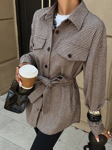 DAZY Women's Plaid Waist Knot Casual Versatile Long Sleeve Jacket Fall - Coffee Brown - View 10
