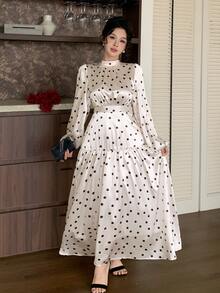 DAZY Women's Polka Dot Print Stand Collar Long Sleeve Ruffle Hem Dress Fall - White - View 4