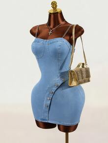 Mistrie Women's Button Design Slim Fit Spaghetti Strap Denim Dress - Blue - View 1
