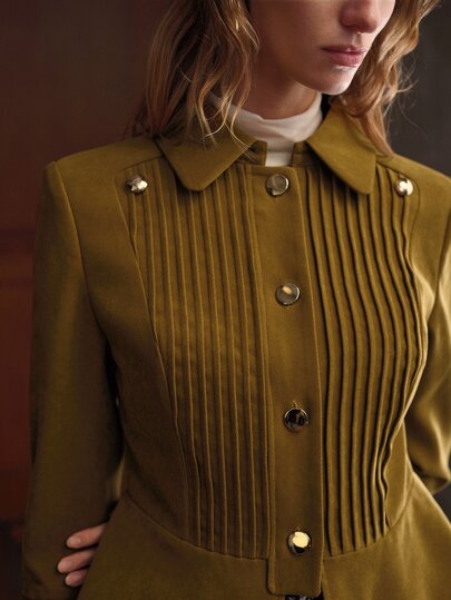MOTF PREMIUM WOMEN'S SOLID COLOR PLEATED OPEN FRONT LAPEL CROPPED JACKET, AUTUMN/WINTER
