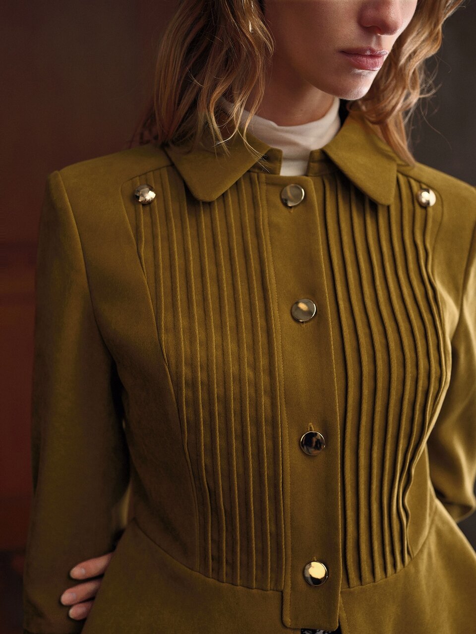 MOTF WOMEN'S SOLID COLOR PLEATED OPEN FRONT LAPEL CROPPED JACKET, AUTUMN/WINTER